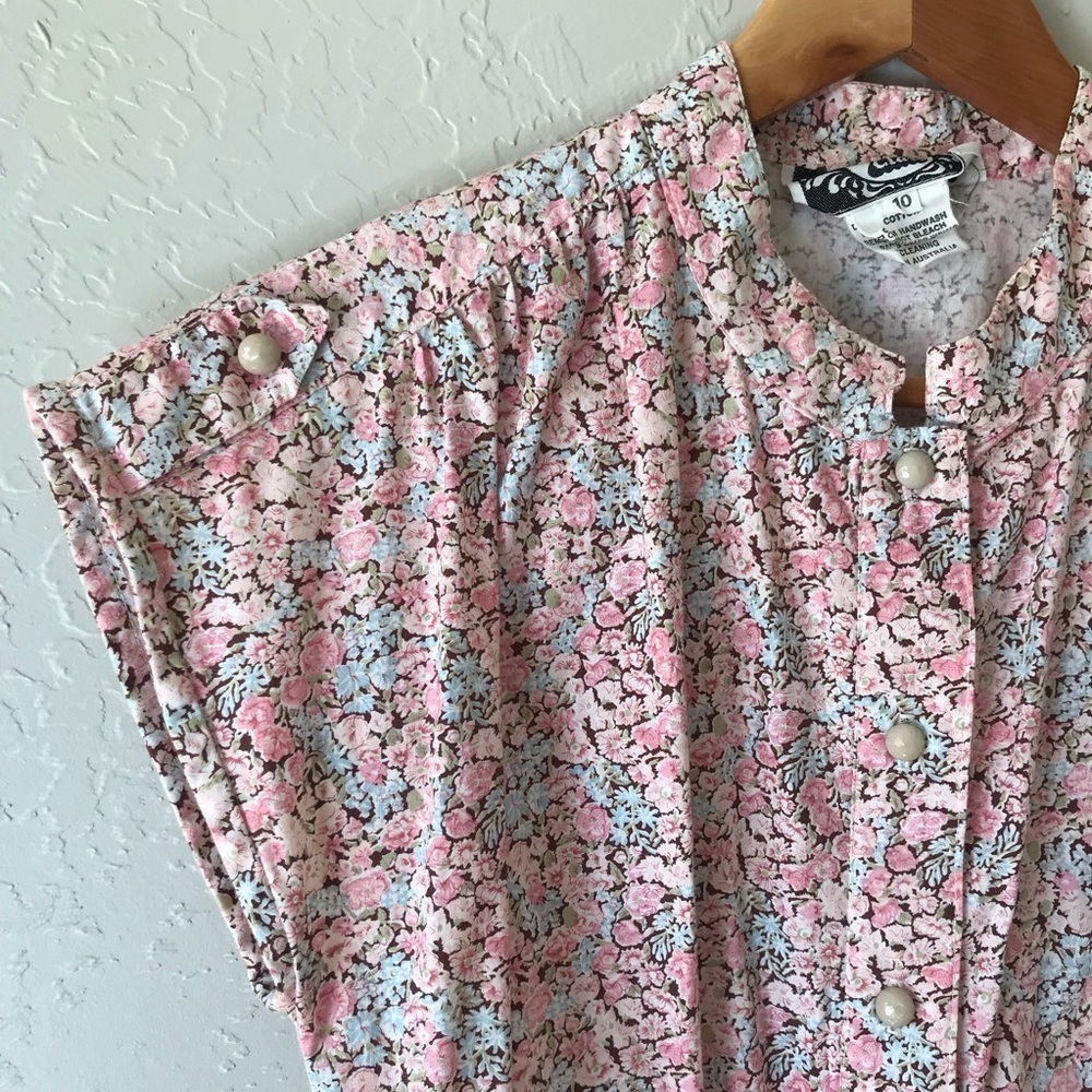 Vintage Floral Pink Belted Button Down Cotton Dress - Picture 2 of 14